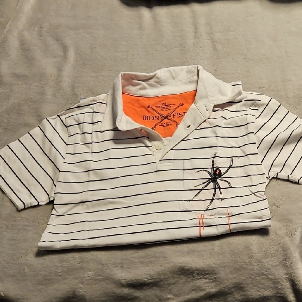 Iron Fist White Polo with Black Stripes and Spider Embroidery